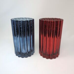 Valerie Parr Hill Set of 2 Illuminated Mercury Glass Hurricanes Navy Red H426893